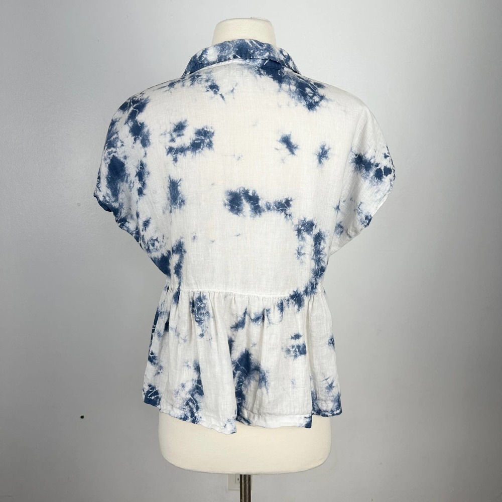Racheal Zoe babydoll 100% Linen Lagenlook peplum oversized top XS White Blue - Picture 3 of 12